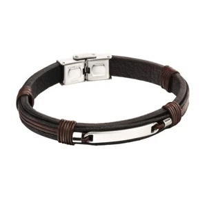Fred Bennett ID Bar Black Leather Bracelet with Brown Cord 21.5cm Free Engraving - Picture 1 of 3
