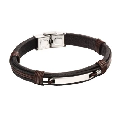 Fred Bennett ID Bar Black Leather Bracelet with Brown Cord 23cm Free Engraving - Image 1 of 3