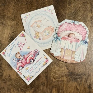 Lot 3 Baby Greeting Cards Congratulations New Parents Folded Type Vintage Crib - Picture 1 of 8