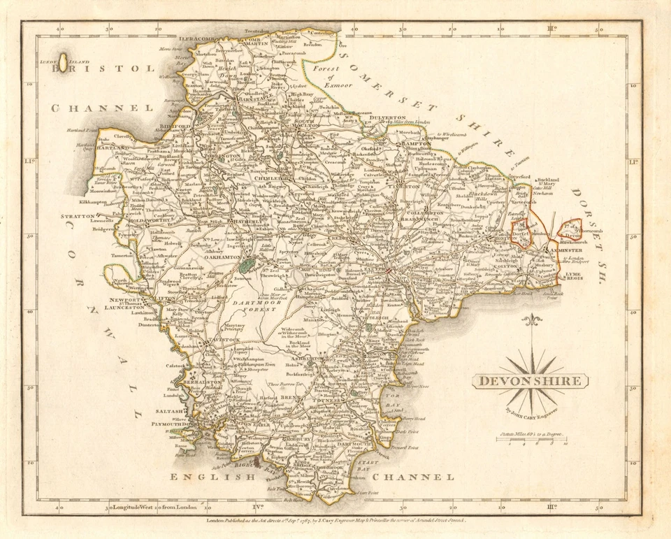 Antique county map of DEVONSHIRE by JOHN CARY. Original outline colour 1787 - Image 1 of 1