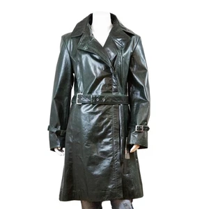 Feminin Touch Women's Green Glaze Vintage Distressed Leather Slim Trench Coat - Picture 1 of 4
