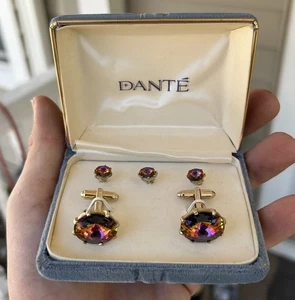 VINTAGE "DANTE" MANSCHETTENKNÖPFE UND KRAWATTENNADEL SET MIT RIVOLI GLAS? mit Originalkarton! - Bild 1 von 8