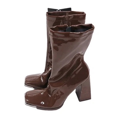 Ботинки женские Forever 21 10 коричневые лакированная кожа каблуки квадратный блок молнии   - Изображение 1 из 4