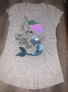 Justice sz 14 Reverse Pink Blue sequin mermaid beach shirt sea horse guc - Picture 1 of 5