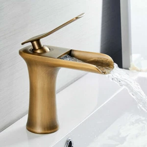Waterfall Antique Brass Bathroom Basin Sink Mixer Faucet Single Knob Hole Taps - Picture 1 of 7