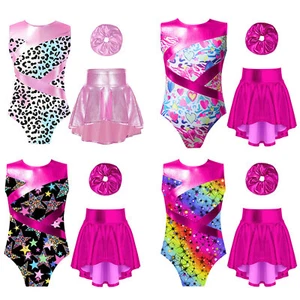 Kids Girl's Bodysuit With Skirt Hair Tie Workout Dancewear Jazz Outfit 3 Pieces - Picture 1 of 33