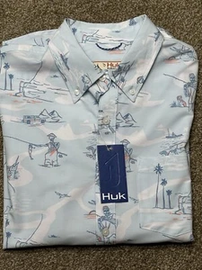 Huk Mens Fish Bones Kona Button Down Short Sleeve Shirt Medium Ice Water UPF 30 - Picture 1 of 12