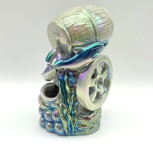 Iridescent Ceramic Figurine Dolphin Barrel Wheel Purple Blue Vintage - Picture 1 of 11