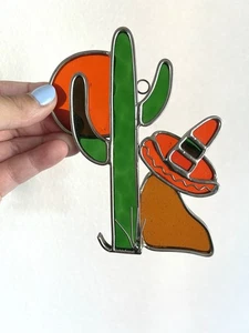 Handmade Stained Glass Sun-catcher Dessert Cactus Scene Sombrero Made In USA - Picture 1 of 12