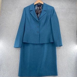 Le Suit Set Womens 16 Blue Herringbone Maxi Skirt Blazer Button Up Scarf Career - Picture 1 of 17