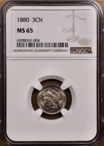 :1880 3CN THREE CENT NICKEL FLASHY NGC MS65 RARE R5 44/48 LOW POP HIGHEST GRADES - Picture 1 of 4