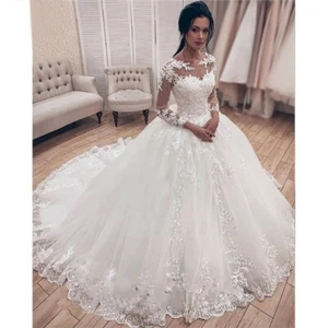 Luxury Lace Appliqué Wedding Dress for Bride – Long Sleeve Elegant Trailing - Picture 1 of 5