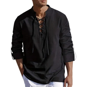Men Lace Up Shirt Long Sleeve Tops Solid Casual Loose Shirts Pullover Blouse US - Picture 1 of 9