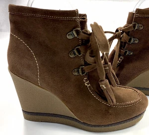 MIA Hazel Boot Brown Suede Leather Tassle Lace Up Wedge Bootie Size 7.5 M - Picture 1 of 12