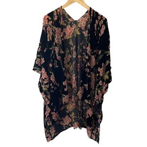 Kimono Burnout Terciopelo Floral Oscuro Negro Rosa Romántico Fluido Femenino L/XL - Imagen 1 de 9