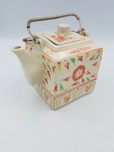 VTG CHINESE SQUARE TEAPOT CRACKLE GLAZE HAND PAINTED FLORAL METAL COIL HANDLE - Picture 1 of 12