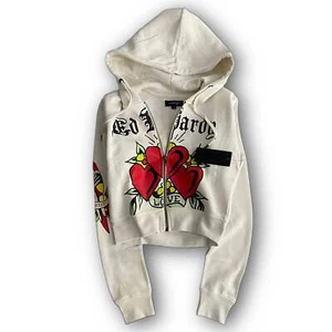 ED HARDY “triple hearts” stone cropped zip up hoodie - Picture 1 of 7