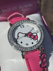 Sanrio Hello Kitty Watch Hot Pink Silver Rhinestone/Crystal Bow Charm Watch NWT - Picture 1 of 6