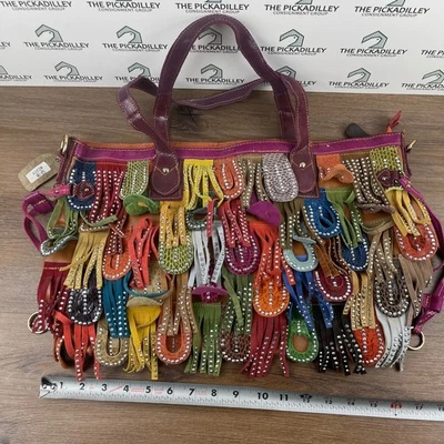 Vibrante Bolso de Mano Bohemio con Flecos Cuentas Cuero Colorido Boho Festival Foto 1 de 4