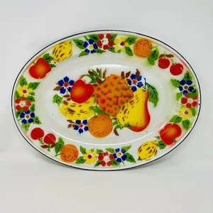 Vintage 1950’s Large Oval Enamel Metal Tray Fruit Medley 17.8” X 13.4” Retro - Picture 1 of 21