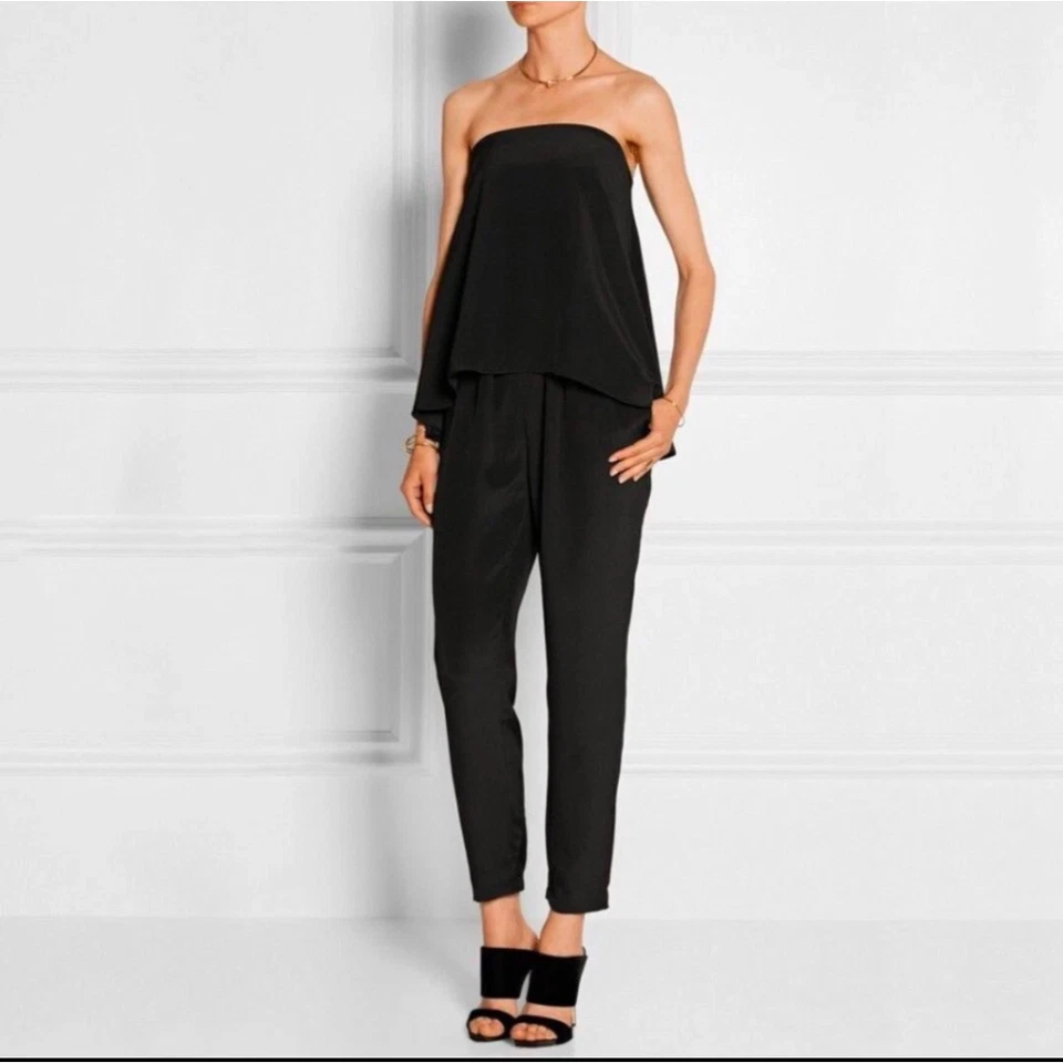 Vestido Tibi Negro Sin Tirantes Fluido Seda Pierna Cintura Alta Mono, Talla 4 Foto 1 de 4