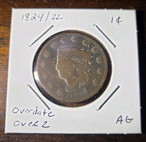 1824/22 1C CORONET HEAD OVERDATE LARGE CENT COIN AG - Rare - Low Mintage - Picture 1 of 3