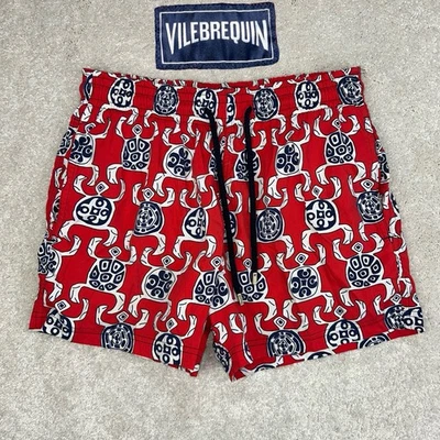 Vilebrequin Mens Moorise Red Primitive Tiki Turtles Hawaiian Lined Swim Trunks M - Image 1 of 4