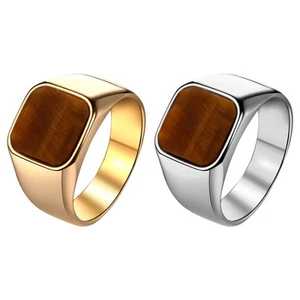 Mens Stainless Steel Tiger Eye Stone Ring Gothic Biker Signet Band Size 6-13 - Picture 1 of 14