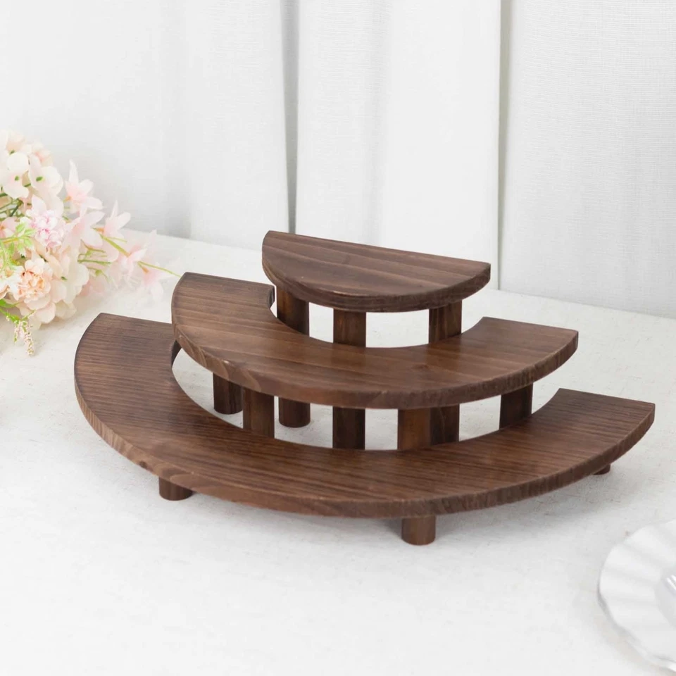 3 Semicircle 3 BROWN Tier Wooden Cupcake Pedestals Dessert Display Stands Party - Image 1 of 4
