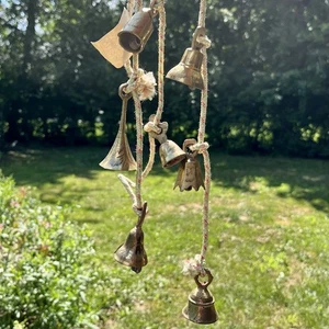 Vintage Set 7 Hand Etched Brass Bells Of Sarna India Original Cord 34” Paper Tag - Picture 1 of 5