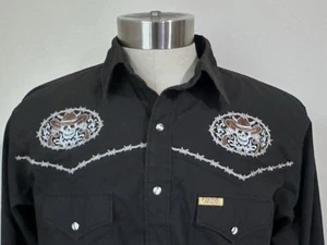 White Horse Ranch Pearl Button Skull Embroidered Black Western Shirt Sz L - Picture 1 of 6