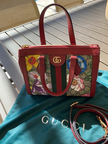 Borsa a tracolla Gucci Ophidia GG Flora Web piccola rossa tela pelle