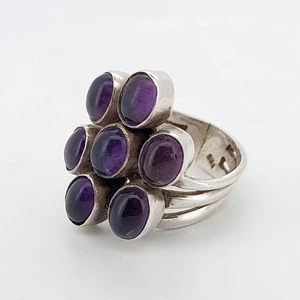 Silver Amethyst Cabochon Ring Large Cluster 925 Sterling Silver Band UK Size P - Picture 1 of 17