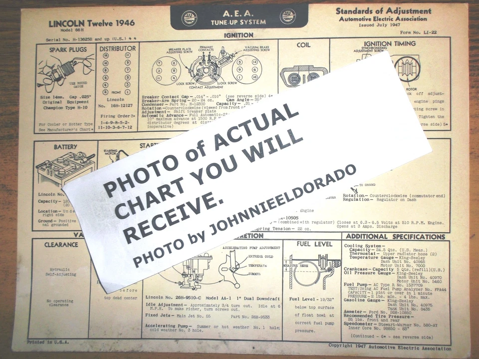 Lincoln Serie Doce 1946 modelos 66H AEA tabla de afinación Foto 1 de 1
