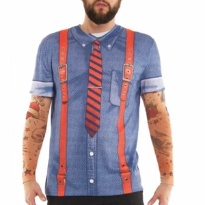 Faux Real Mens Light Blue Hipster Suspenders with Tattoo Sleeves Shirt Small - Picture 1 of 4