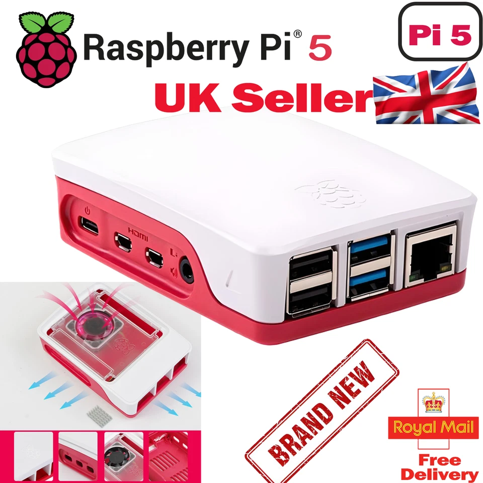 Official Raspberry Pi 5 Case Red White with Cooling Fan GPIO Access Brand New - Image 1 of 4