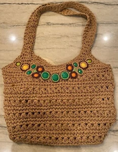 Sun N Sand Accessories Straw Raffia Bag Purse Hobo Boho Embellished Brown Beach - Picture 1 of 10