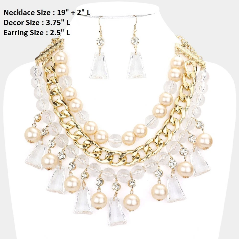 Crema Transparente Declaración Gruesa Babero Gargantilla Cuentas Perla Soporte Lucita Collar Pendiente Foto 1 de 1