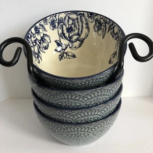 Pfaltzgraff Gabriela Blue Soup Cereal Bowls 6" Stoneware Embossed Set of 4 - Picture 1 of 24