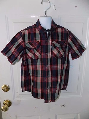 Camisa Shaun Blanca Roja/Azul/Gris A Cuadros Con Botones Manga Corta Talla S Para Niños Usada en Excelente Condición Foto 1 de 3