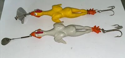 EXTREMELY RARE Vintage 1 White & 1 Yellow Rubber Chicken Fishing Lure 5 1/2” - Image 1 of 4