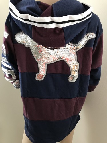 UNDERCOVER Victoria's Secret PINK Rugby Stripe Bling Flip Sequin Dog Pullover Zip Hoodie M