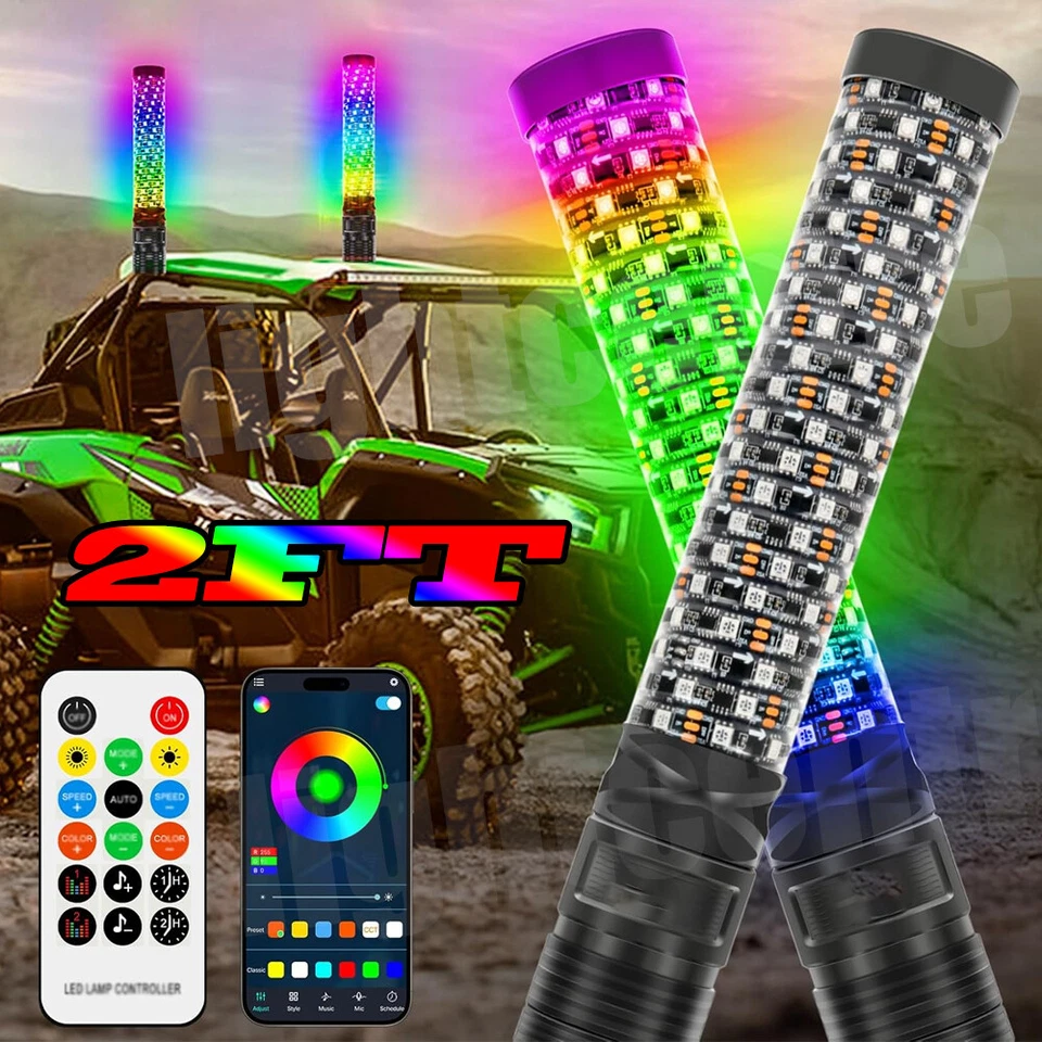 Pair Fat Whips 2'' Thick LED Whip Spiral Chasing RGB Whip Lights FAT 2FT UTV ATV - Image 1 of 4