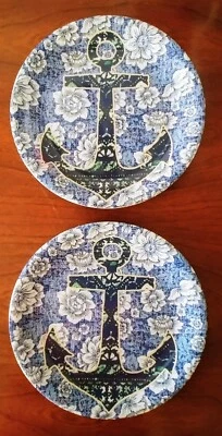 Cynthia Rowley Blue Anchor Nautical Floral Melamine 6.5" set of 2 - Image 1 of 3