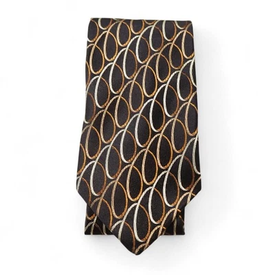 VIA VAI 意大利制造 100% 真丝领带复古几何图案棕色金色 — 第 1/4 张图片