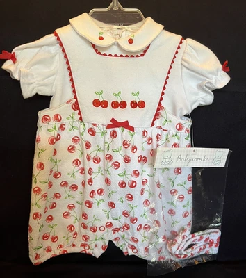New Babyworks Cherry Cherries 3 Piece Summer Romper Top Headband Set 6-9 Months - Image 1 of 4