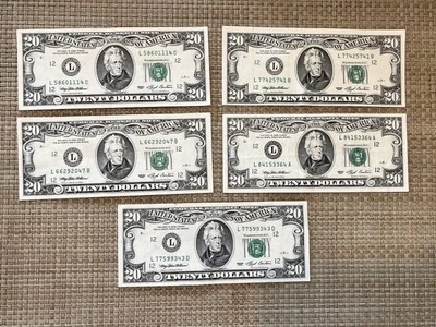 5 Lightly Circulated 1993 $20 Federal Reserve Notes “L” San Francisco - See Desc - Image 1 of 3