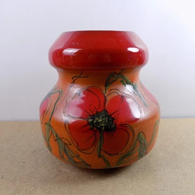 Vintage Raymor Italy Pottery Vase Orange & Red Poppy VGC 7.75"x7" MCM - Image 1 of 4