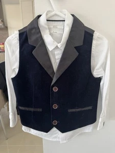 NEXT Boys Navy Blue Velvet Waistcoat and White Shirt Set Size 1.5 - 2 years - Picture 1 of 4