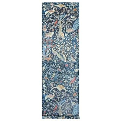 4'x15'8" Blue Hand Knotted Afghan Peshawar Birds Design Wool Runner Rug G20263 - Image 1 of 4